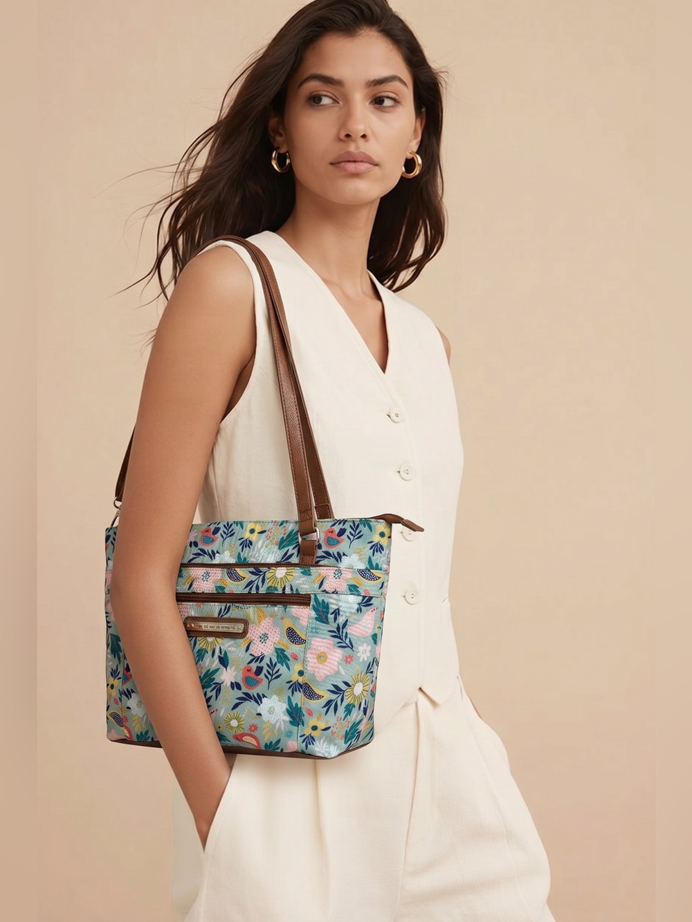 NWT Lily Bloom Kelsey Tote Purse Shoulder Bag Floral/Bird Pattern Brown Accent